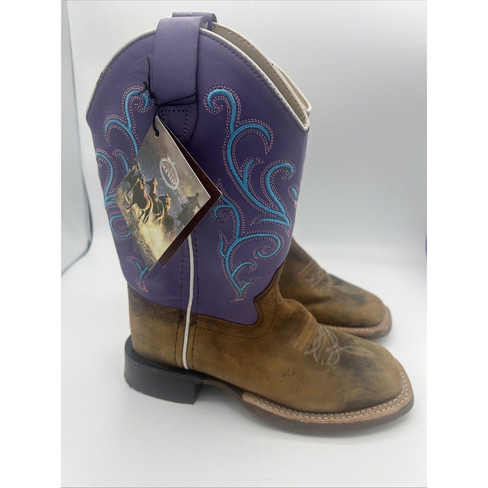 Old West Kids Broad Square Toe Cowboy Boots Purple/Brown Leather Size 13.5